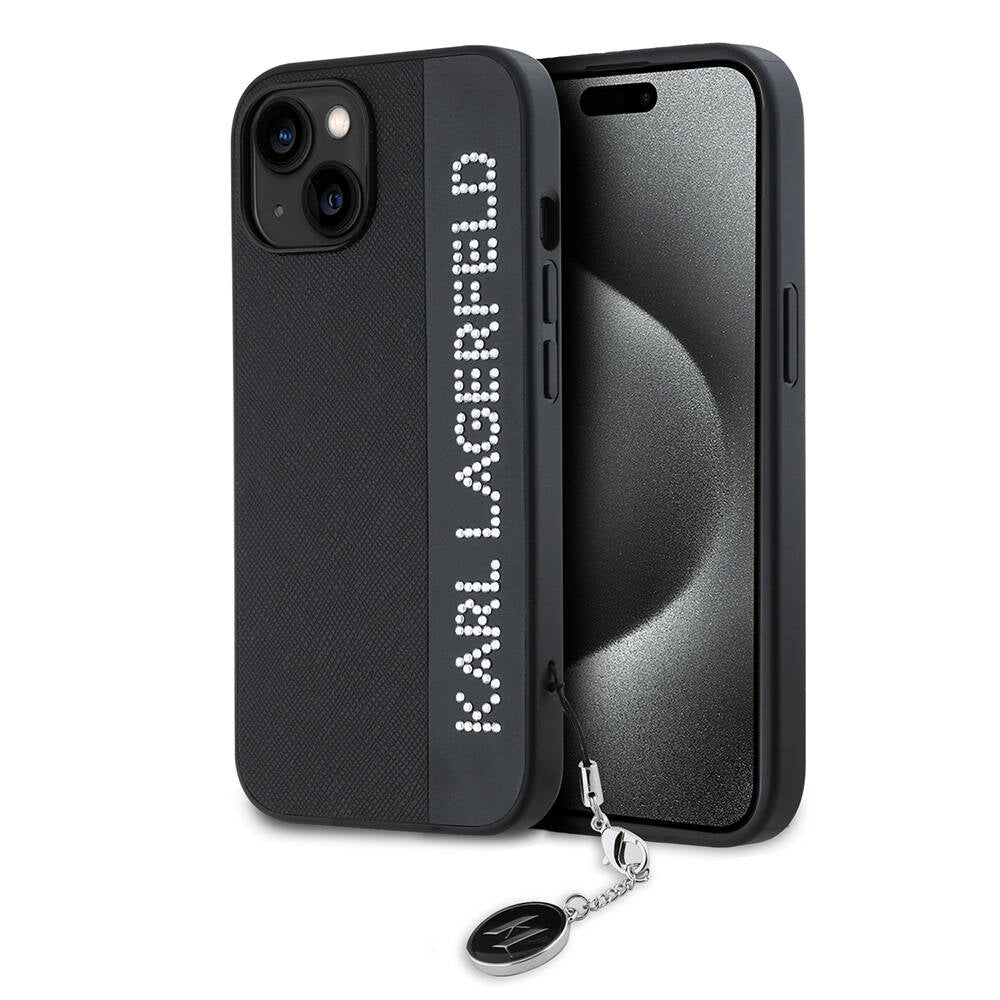Apple iPhone 14 Case Karl Lagerfeld Original Licensed Keychain Stoned KL Written Saffiano Rhinestones Cover Black