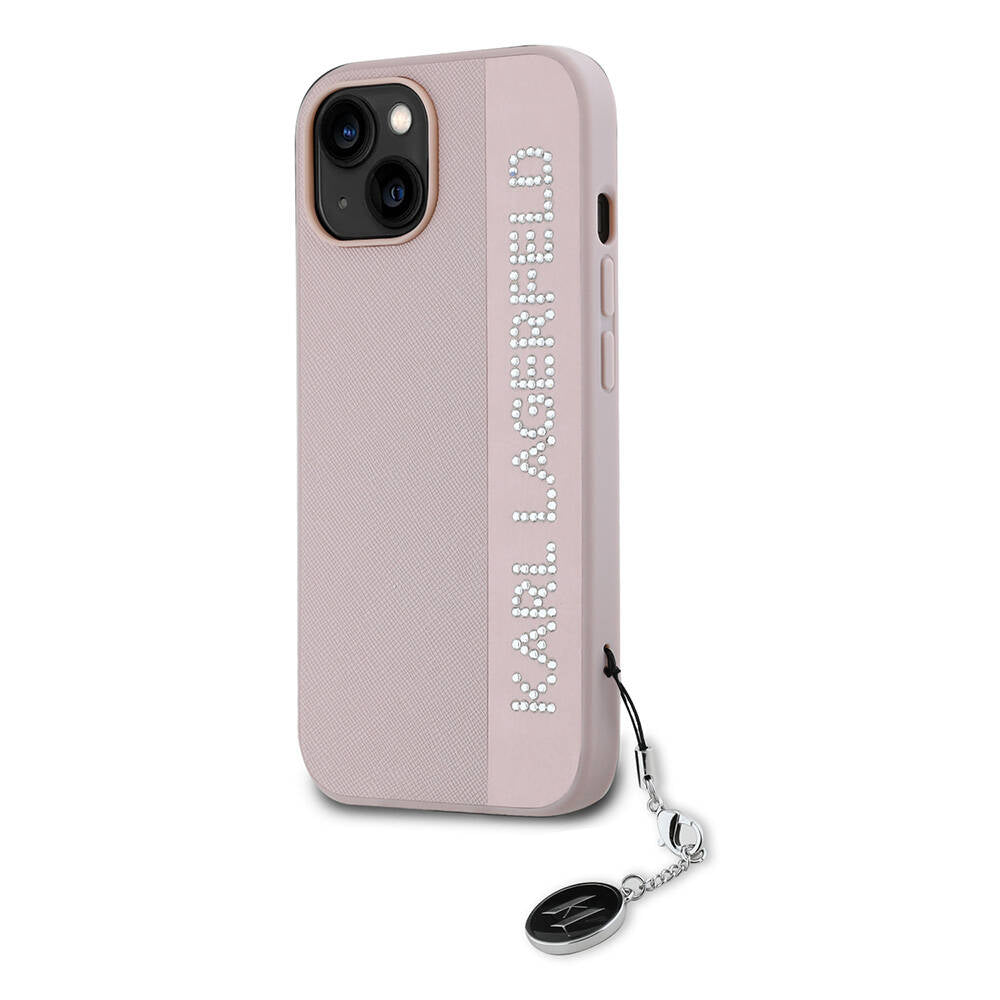 Apple iPhone 14 Case Karl Lagerfeld Original Licensed Keychain Stoned KL Written Saffiano Rhinestones Cover Black