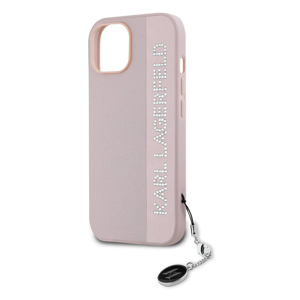 Apple iPhone 14 Case Karl Lagerfeld Original Licensed Keychain Stoned KL Written Saffiano Rhinestones Cover Black