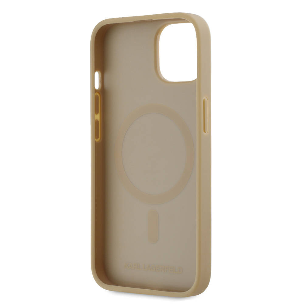 Apple iPhone 14 Case Karl Lagerfeld Original Licensed M-safe Charging Feature KL Printed Hot Stamp Cover Cream