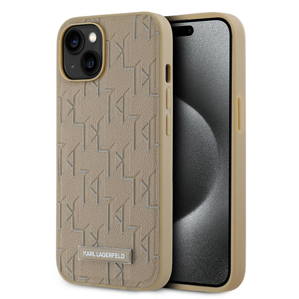 Apple iPhone 14 Case Karl Lagerfeld Original Licensed M-safe Charging Feature KL Printed Hot Stamp Cover Cream
