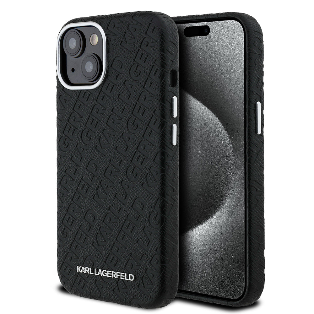 Apple iPhone 14 Case Karl Lagerfeld Original Licensed PU Leather Stamped Metal Lettering Logo Cover Black