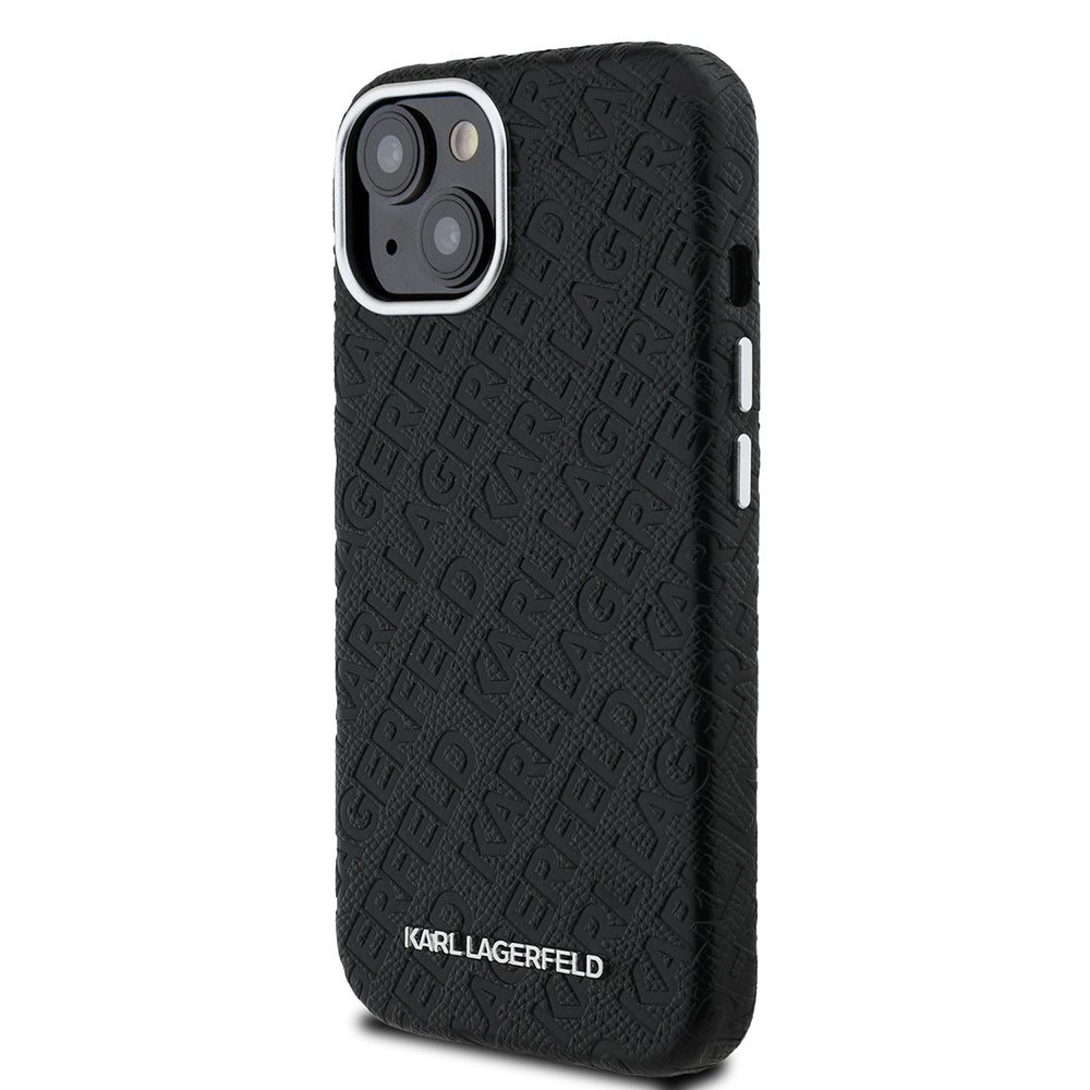 Apple iPhone 14 Case Karl Lagerfeld Original Licensed PU Leather Stamped Metal Lettering Logo Cover Black