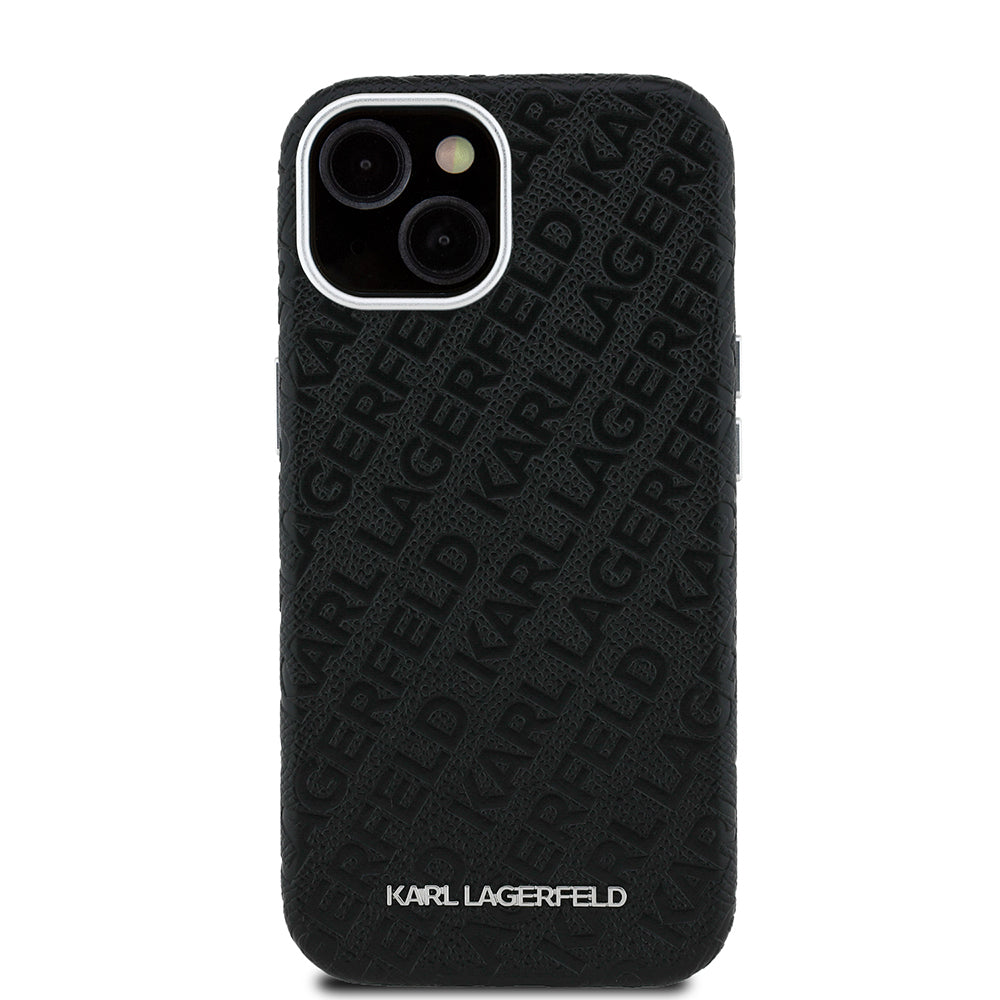 Apple iPhone 14 Case Karl Lagerfeld Original Licensed PU Leather Stamped Metal Lettering Logo Cover Black