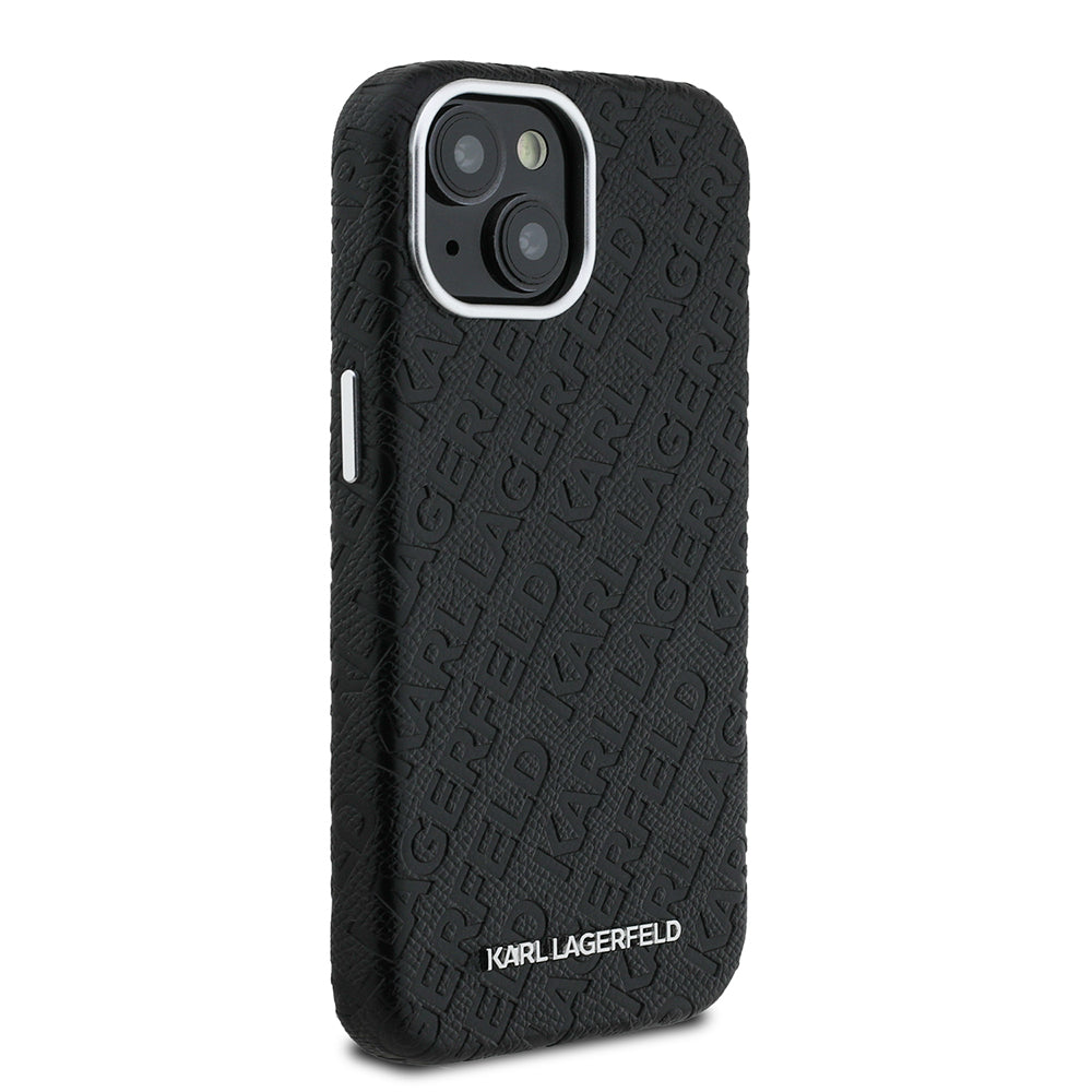Apple iPhone 14 Case Karl Lagerfeld Original Licensed PU Leather Stamped Metal Lettering Logo Cover Black