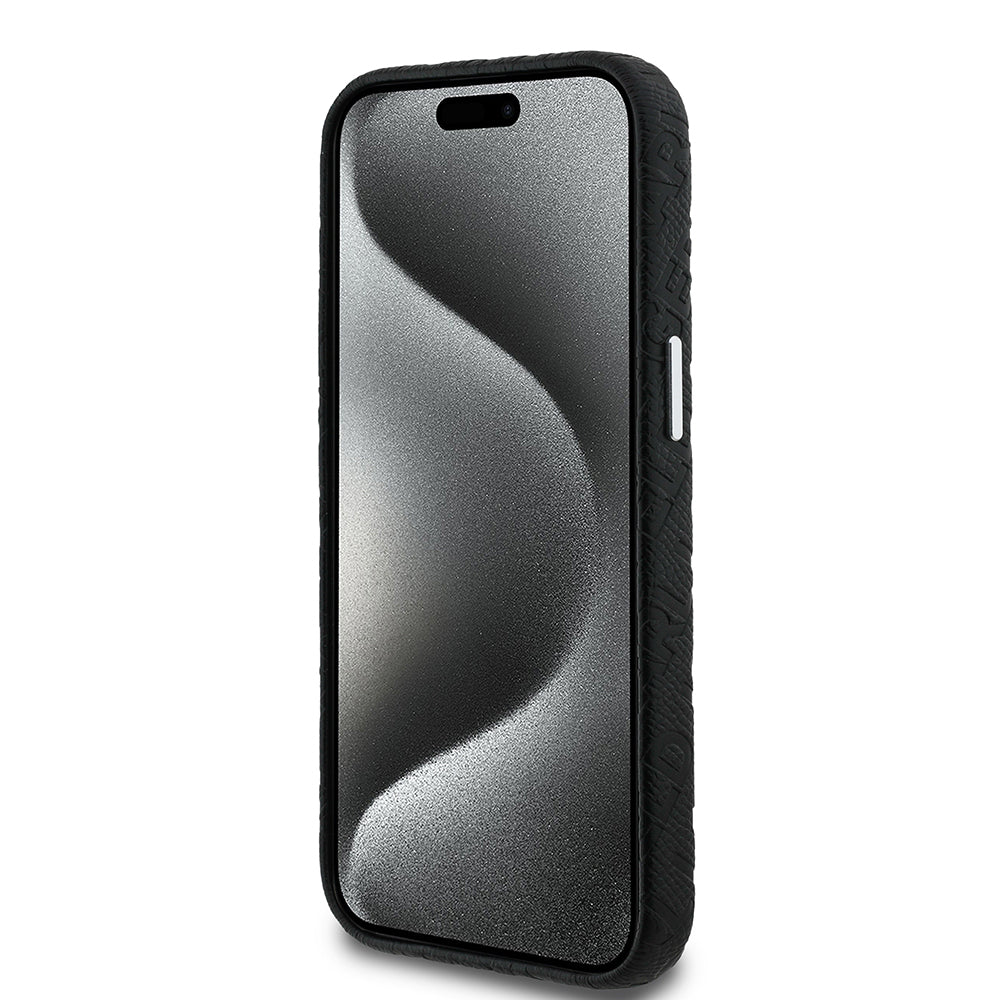 Apple iPhone 14 Case Karl Lagerfeld Original Licensed PU Leather Stamped Metal Lettering Logo Cover Black