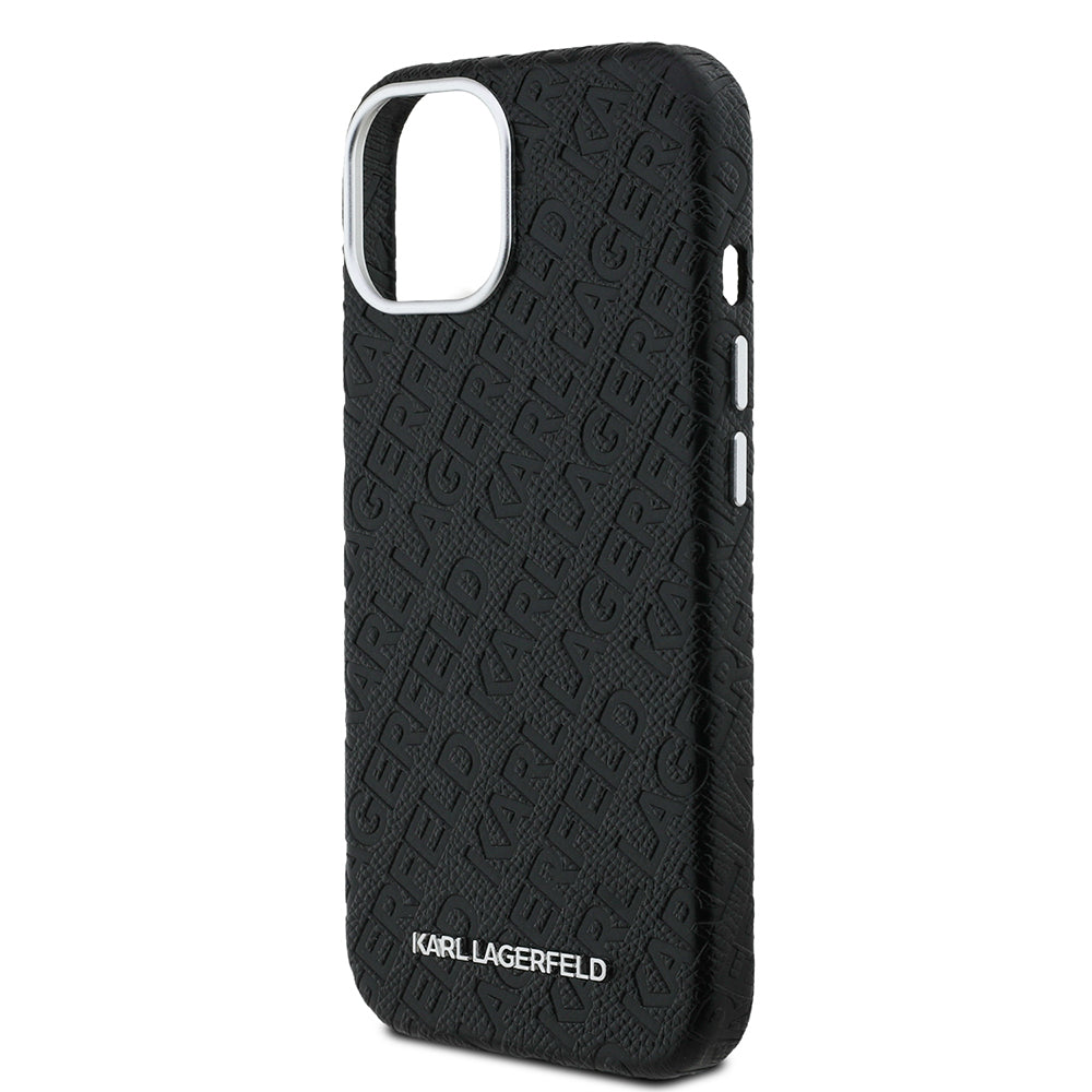 Apple iPhone 14 Case Karl Lagerfeld Original Licensed PU Leather Stamped Metal Lettering Logo Cover Black