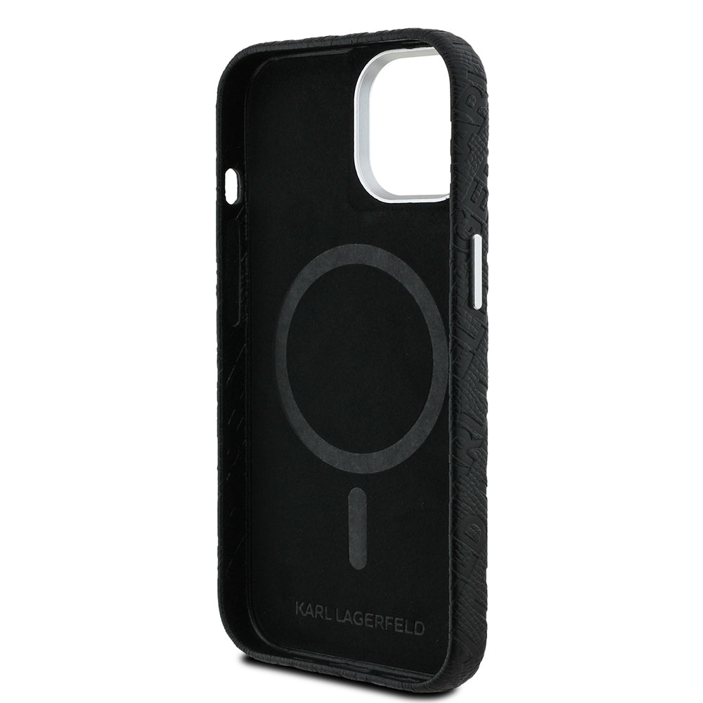 Apple iPhone 14 Case Karl Lagerfeld Original Licensed PU Leather Stamped Metal Lettering Logo Cover Black