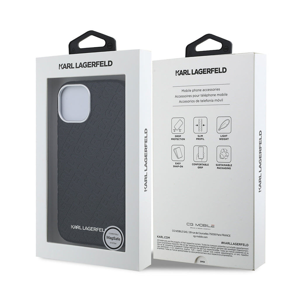 Apple iPhone 14 Case Karl Lagerfeld Original Licensed PU Leather Stamped Metal Lettering Logo Cover Black