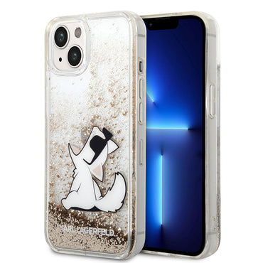 Apple iPhone 14 Case Karl Lagerfeld Liquid Glitter Choupette Design Cover Gold