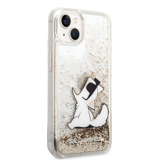 Apple iPhone 14 Case Karl Lagerfeld Liquid Glitter Choupette Design Cover Gold