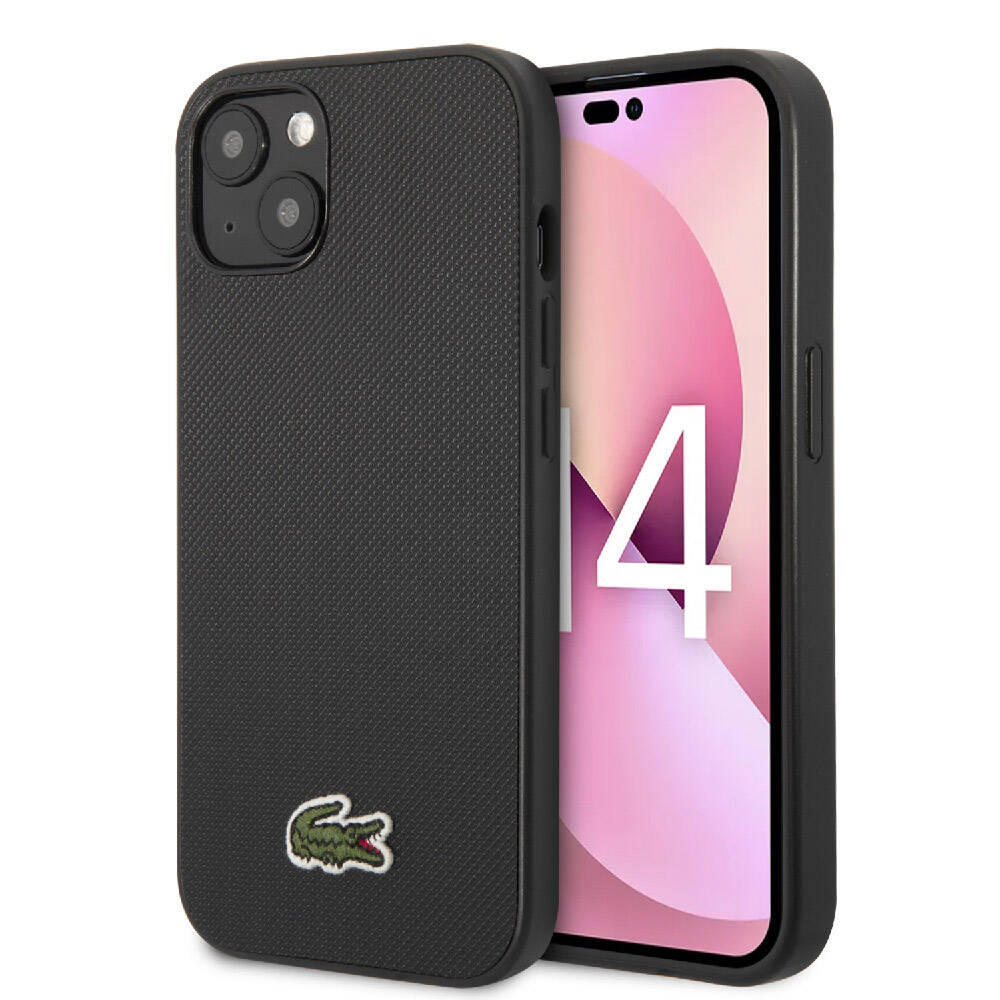 Apple iPhone 14 Case Lacoste Original Licensed PU Pique Patterned Back Surface Iconic Crocodile Woven Logo Cover Black