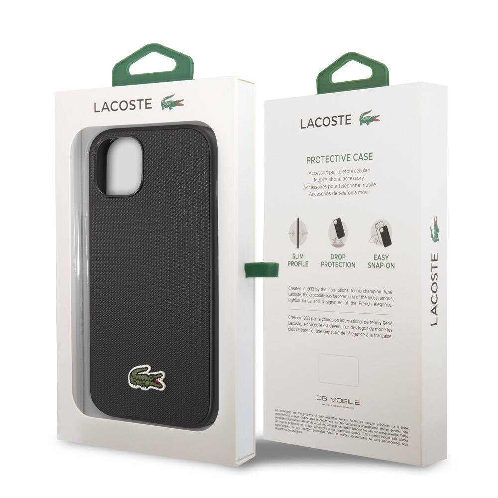 Apple iPhone 14 Case Lacoste Original Licensed PU Pique Patterned Back Surface Iconic Crocodile Woven Logo Cover Black