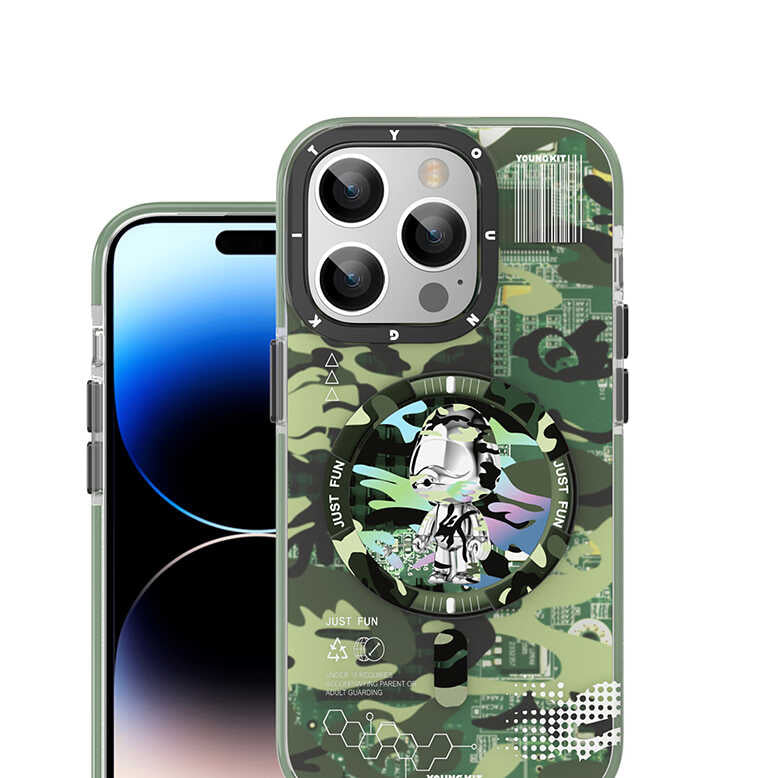Apple iPhone 14 Case M-safe Charging Feature YoungKit Camouflage Series Cover Green