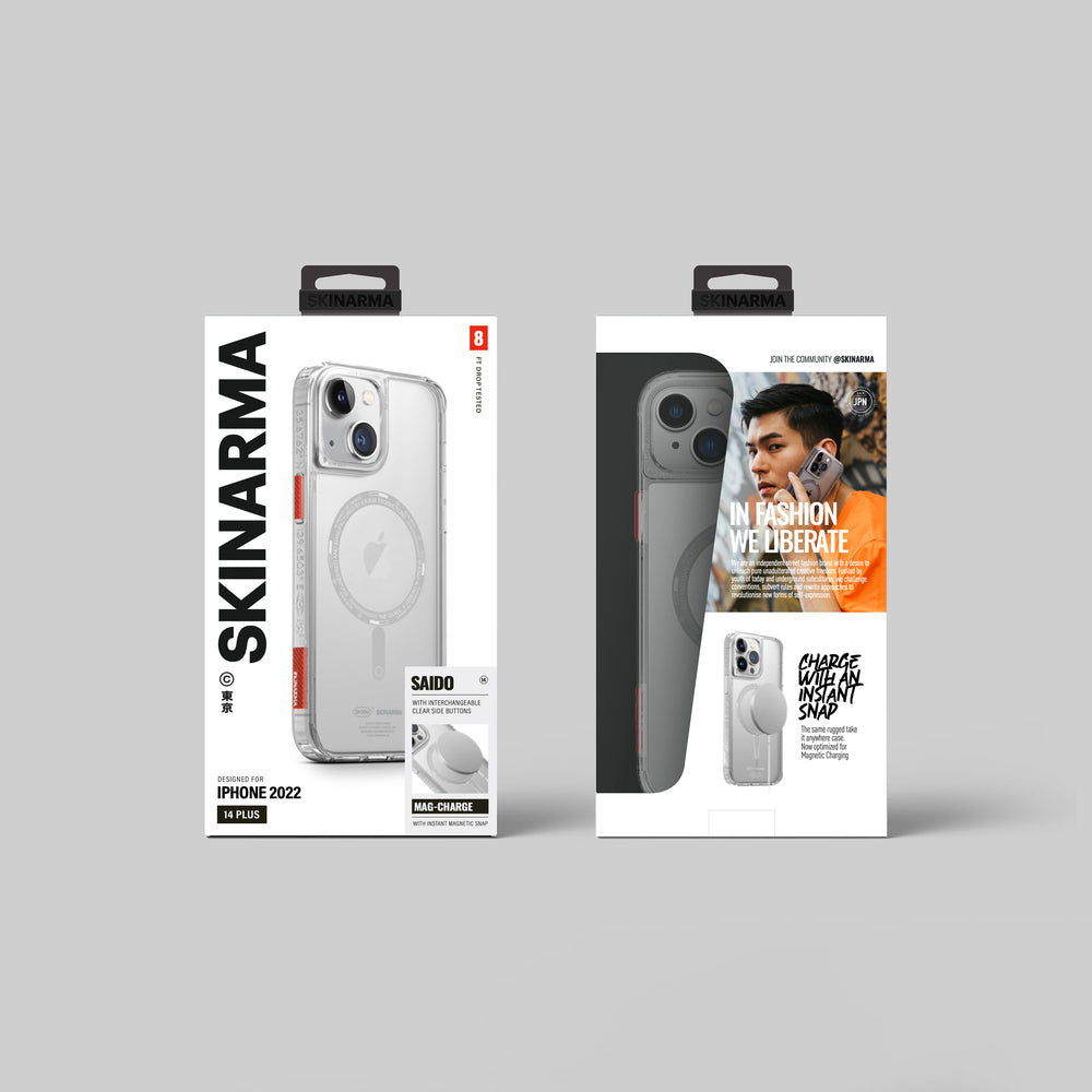 Apple iPhone 14 Case SkinArma Transparent Airbag Design M-safe Charging Feature Saido Cover Smoke