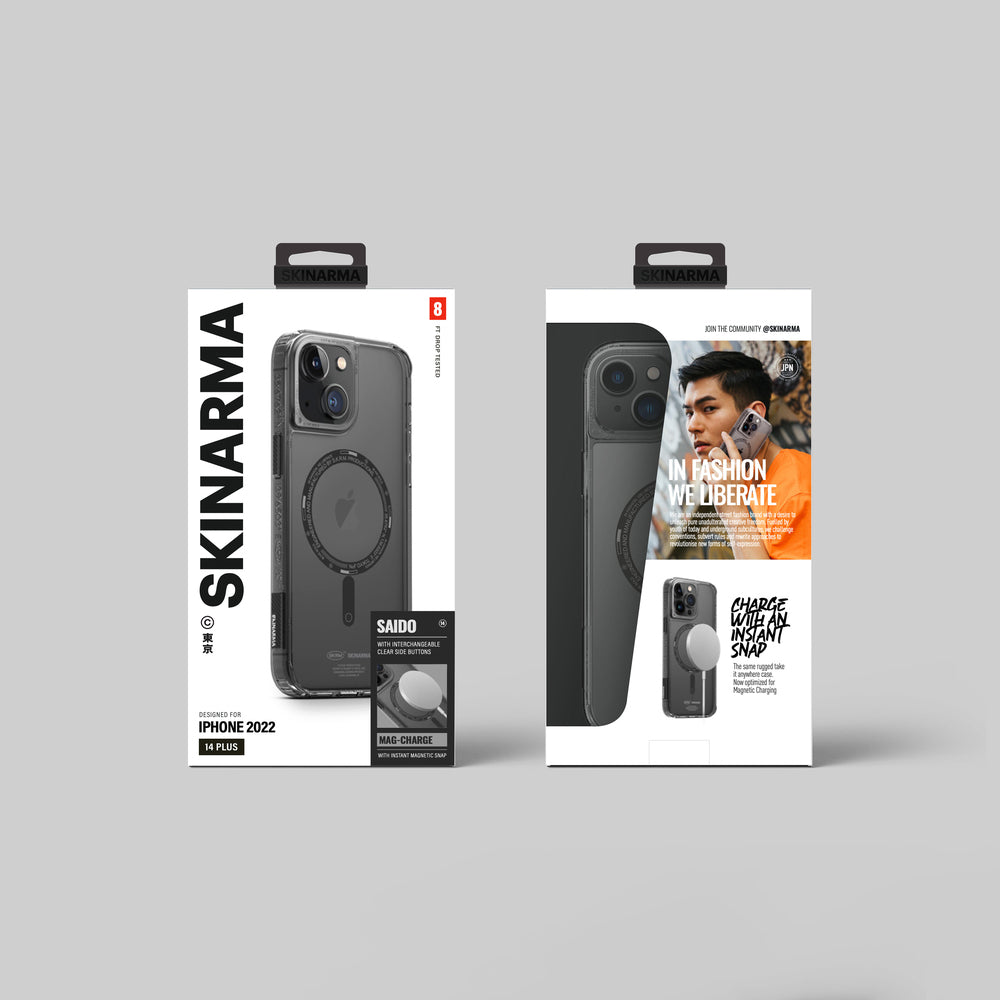 Apple iPhone 14 Case SkinArma Transparent Airbag Design M-safe Charging Feature Saido Cover Smoke