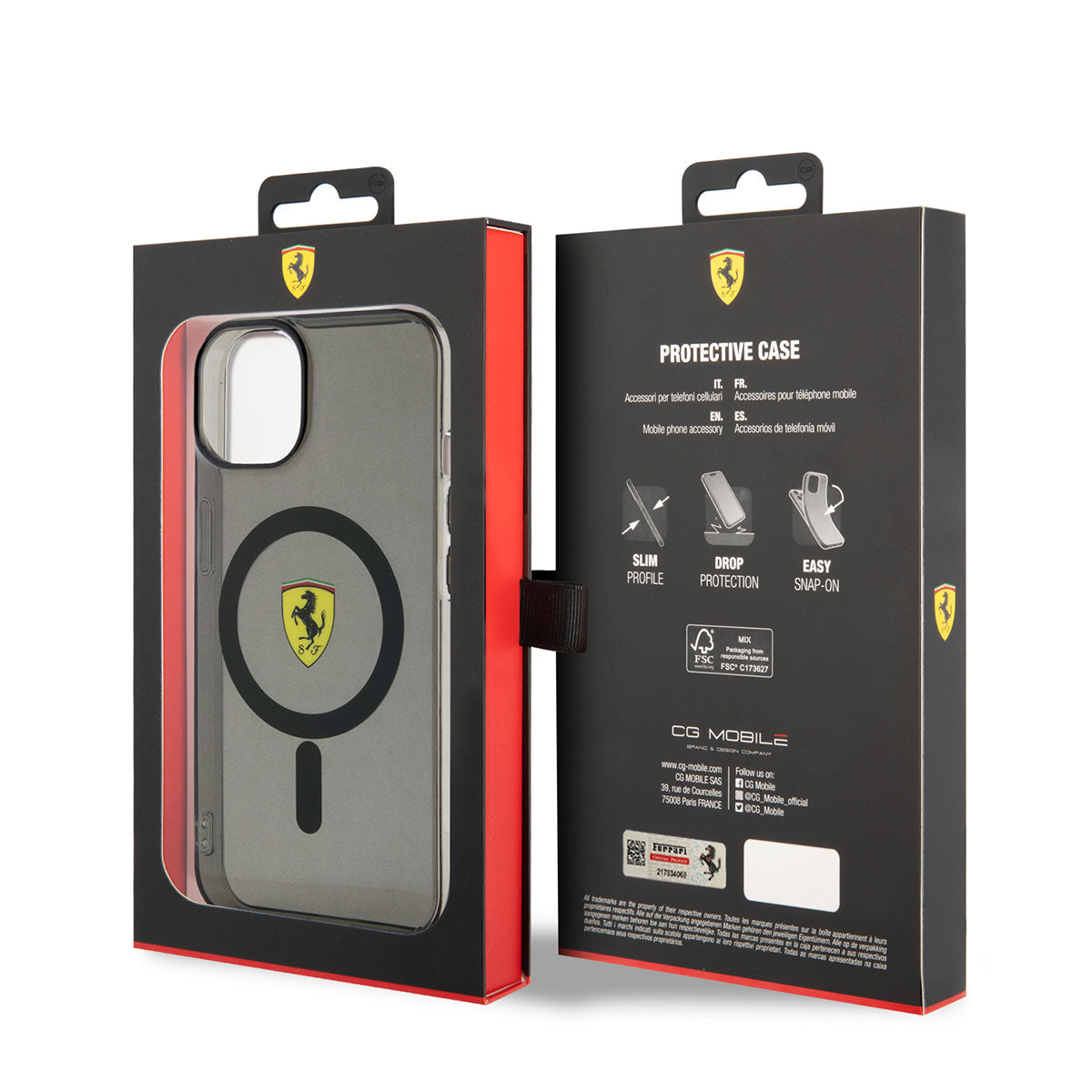 Apple iPhone 14 Plus Kılıf Ferrari M-safe Şarj Özellikli Yarı Transparan Dizayn Kapak Siyah