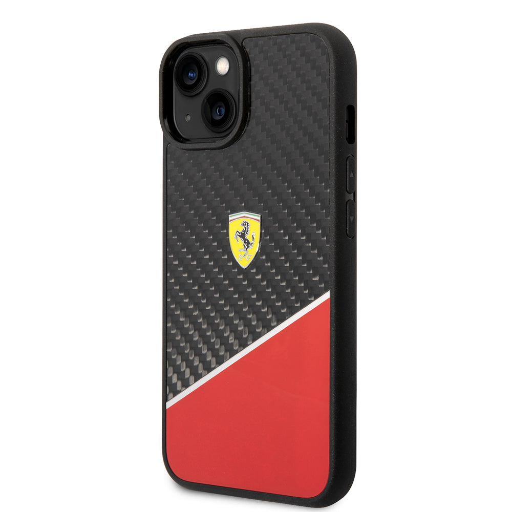 Apple iPhone 14 Plus Kılıf Ferrari Orjinal Lisanlı Klasik Metal Logolu Karbon Şerit Desenli Kapak Kırmızı