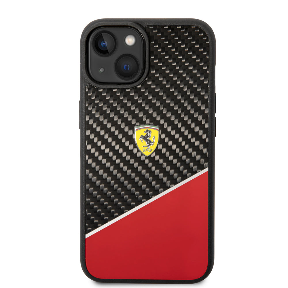 Apple iPhone 14 Plus Kılıf Ferrari Orjinal Lisanlı Klasik Metal Logolu Karbon Şerit Desenli Kapak Kırmızı