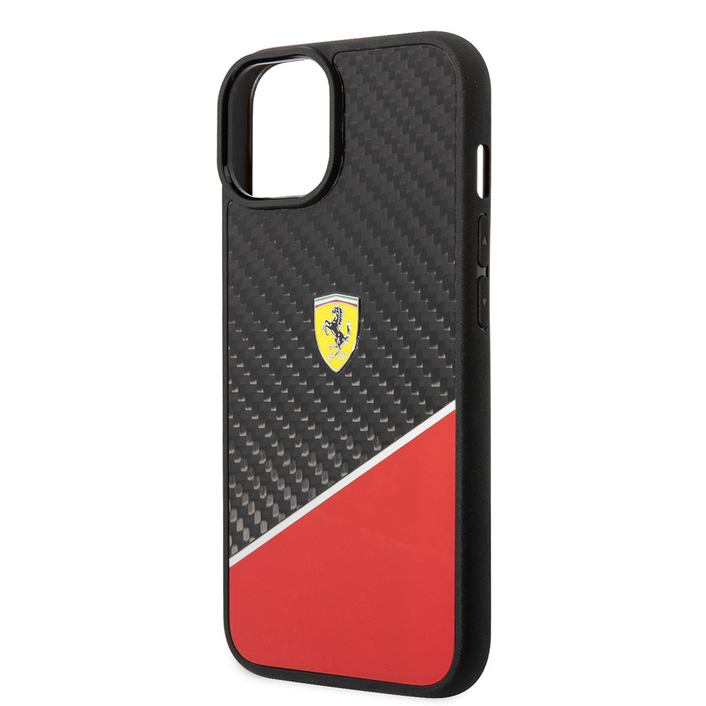 Apple iPhone 14 Plus Kılıf Ferrari Orjinal Lisanlı Klasik Metal Logolu Karbon Şerit Desenli Kapak Kırmızı