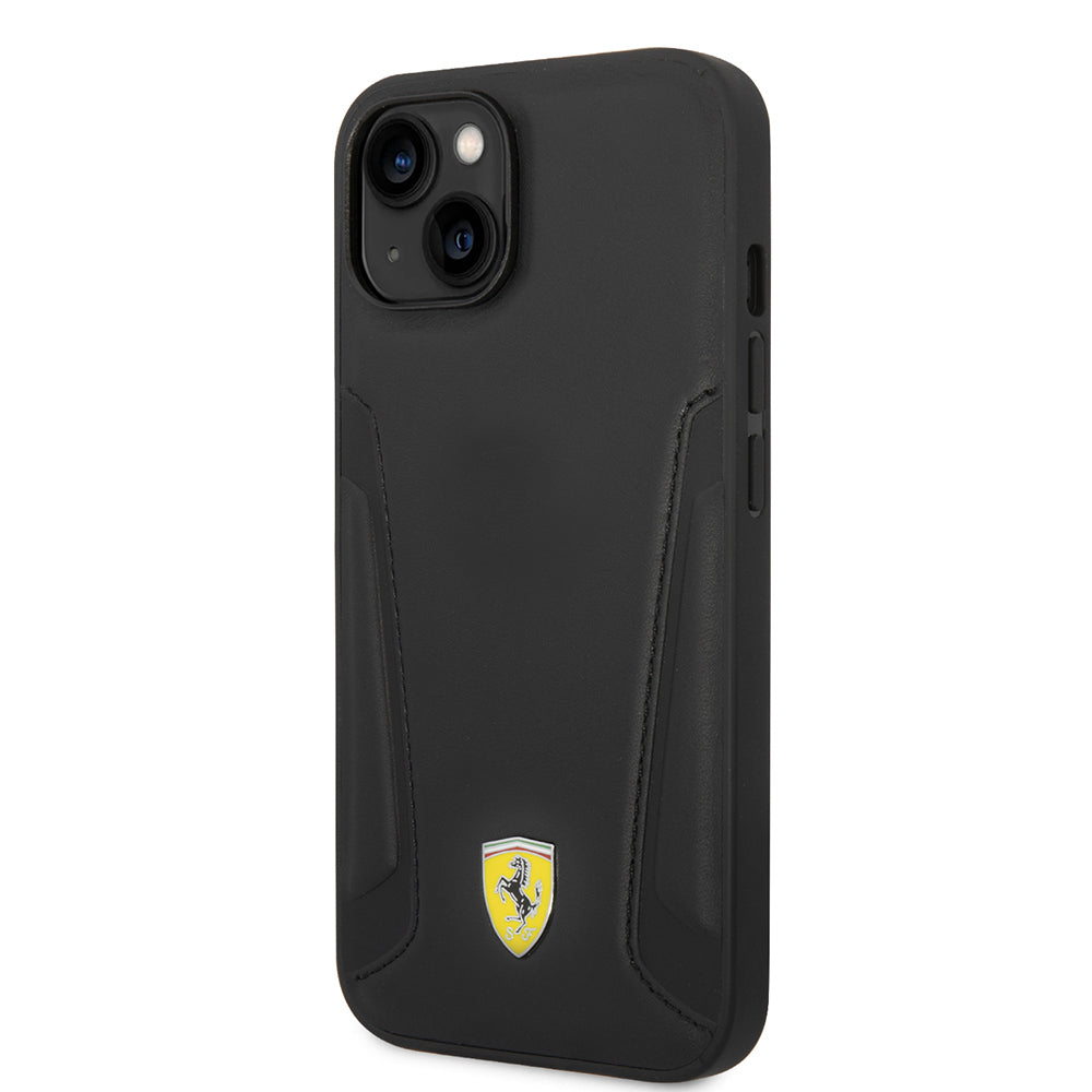 Apple iPhone 14 Plus Kılıf Ferrari Orjinal Lisanslı M-safe Şarj Özellikli Deri Kenarları Damgalı Dizayn Kapak Siyah