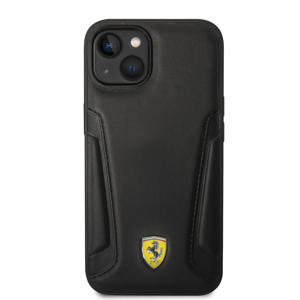 Apple iPhone 14 Plus Kılıf Ferrari Orjinal Lisanslı M-safe Şarj Özellikli Deri Kenarları Damgalı Dizayn Kapak Siyah