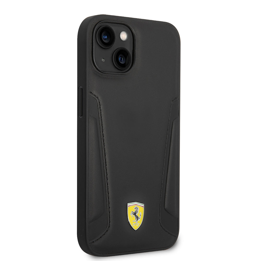 Apple iPhone 14 Plus Kılıf Ferrari Orjinal Lisanslı M-safe Şarj Özellikli Deri Kenarları Damgalı Dizayn Kapak Siyah
