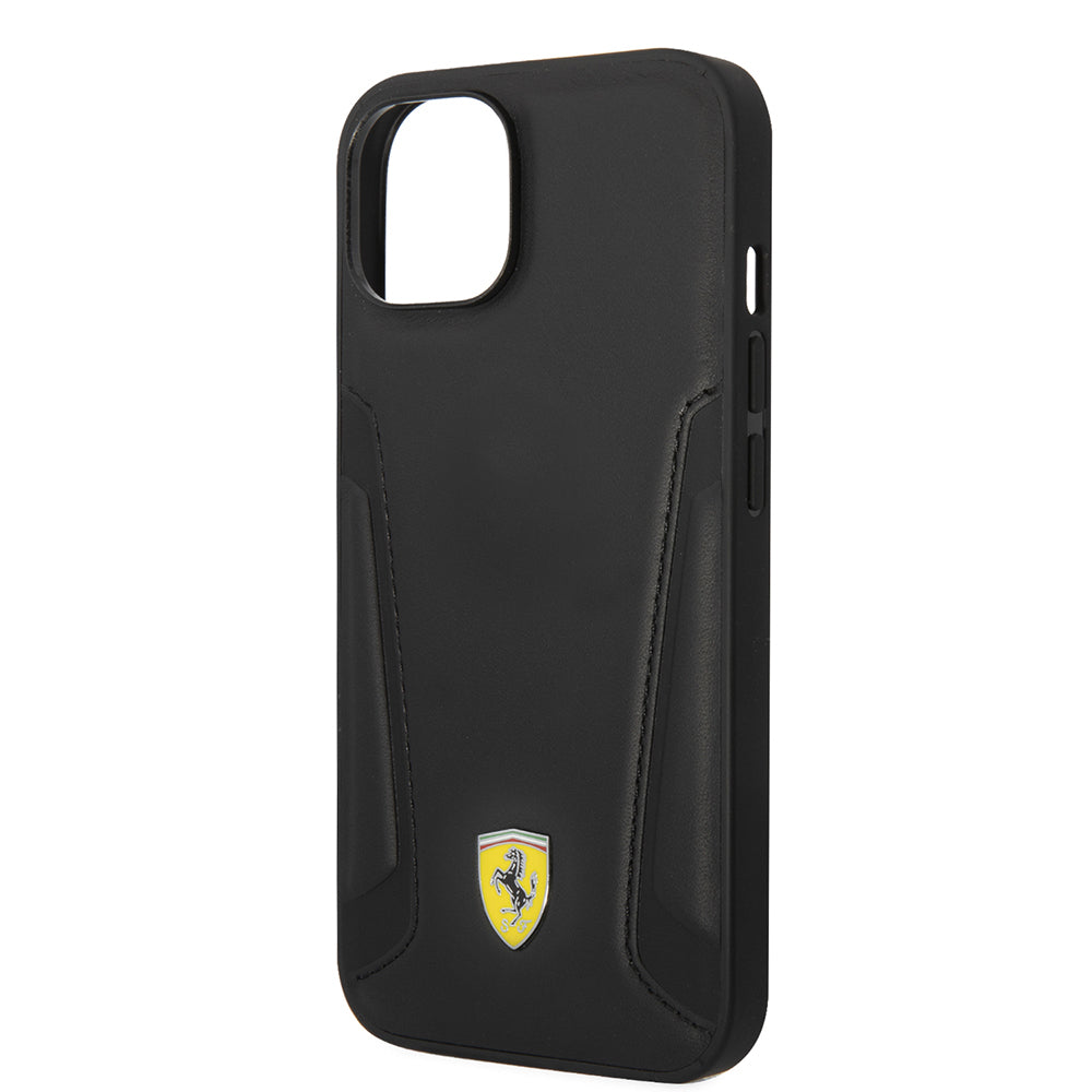 Apple iPhone 14 Plus Kılıf Ferrari Orjinal Lisanslı M-safe Şarj Özellikli Deri Kenarları Damgalı Dizayn Kapak Siyah