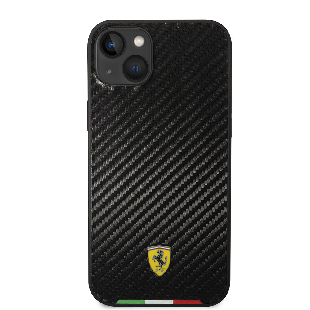 Apple iPhone 14 Plus Kılıf Ferrari Orjinal Lisanslı M-safe Şarj Özellikli Karbon İtalyan Bayrak Dizayn Kapak Siyah