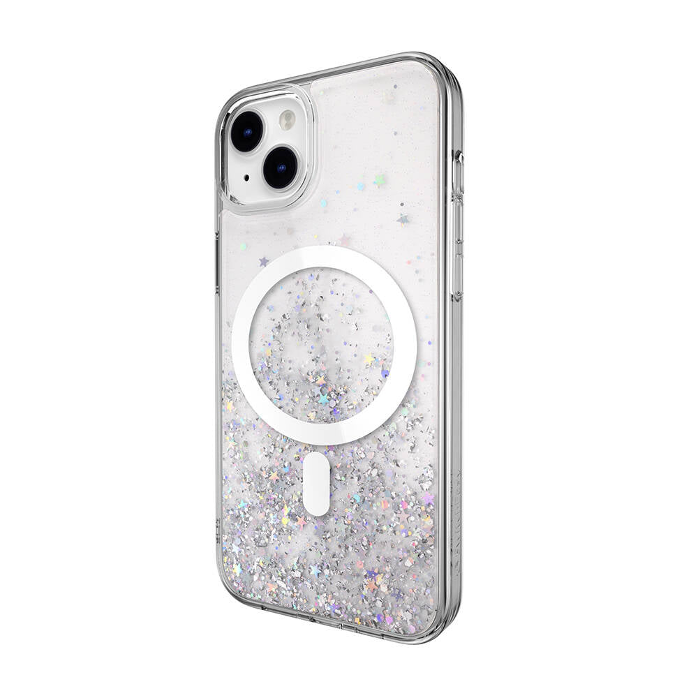 Apple iPhone 14 Plus Kılıf M-safe Şarj Özellikli Parlayan Simli Şeffaf Lisanslı Switcheasy Starfield-M Kapak Mavi