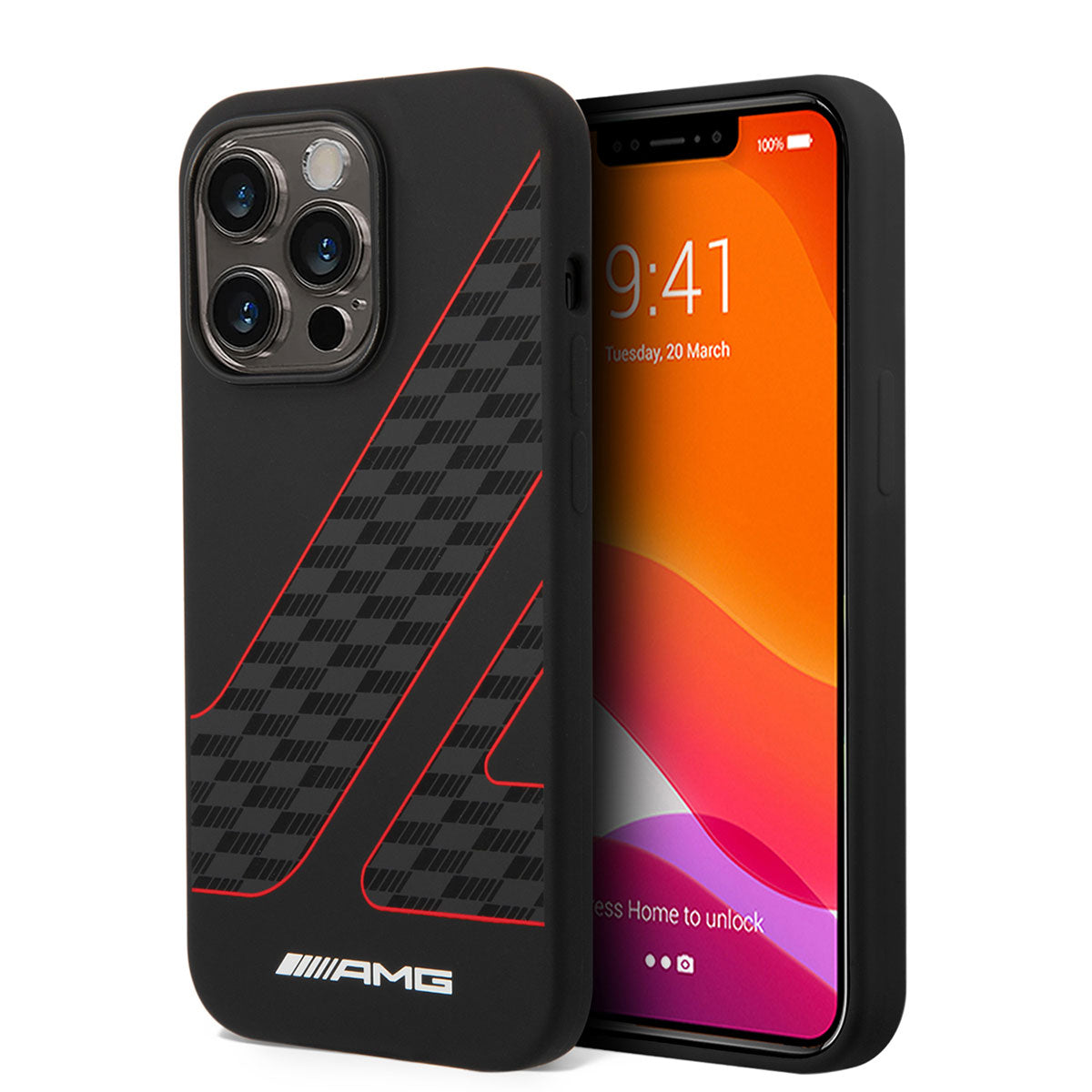 Apple iPhone 14 Pro Case AMG M-safe Charging Feature Liquid Silicone Checkered Flag Design Cover Black