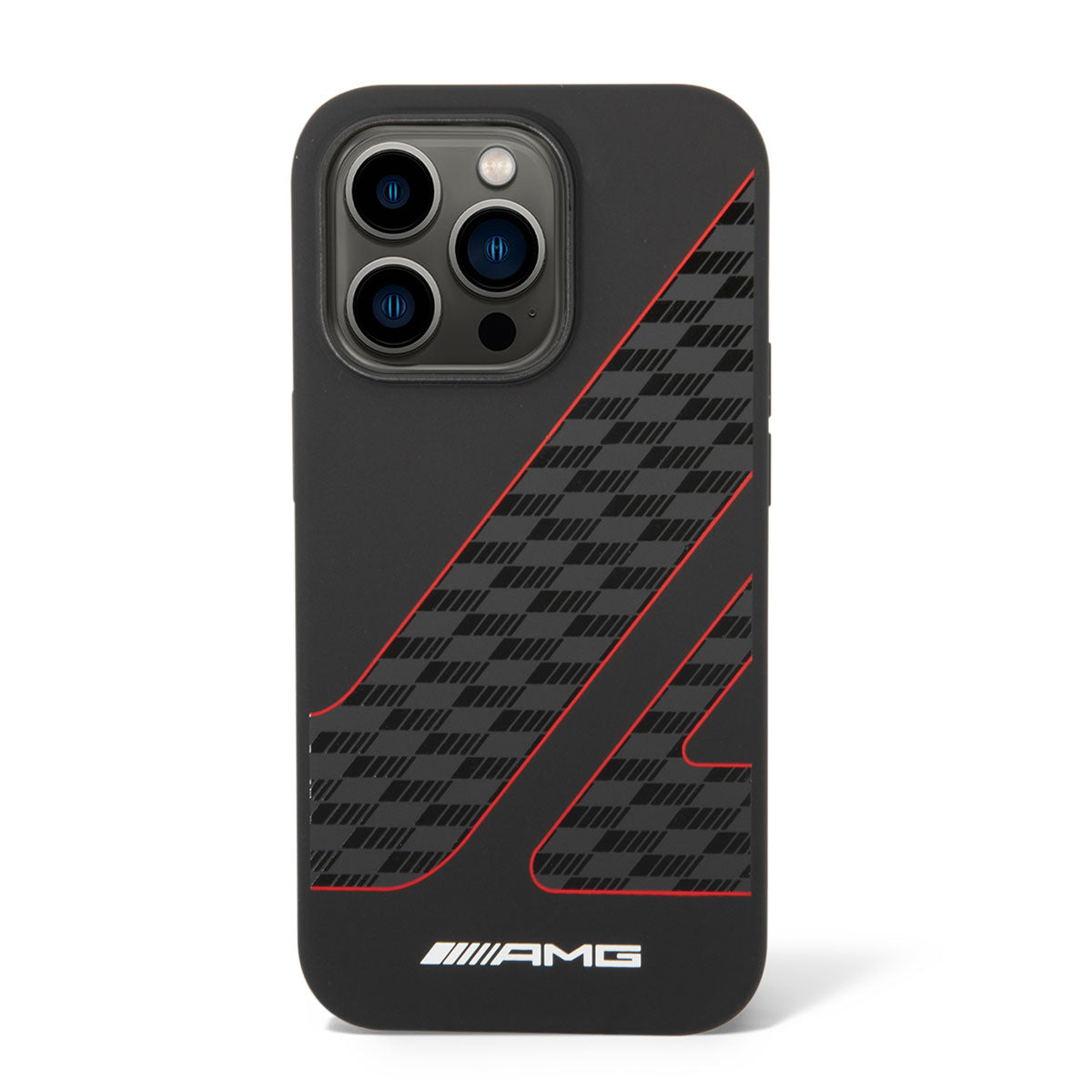 Apple iPhone 14 Pro Case AMG M-safe Charging Feature Liquid Silicone Checkered Flag Design Cover Black
