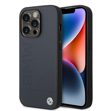 Apple iPhone 14 Pro Kılıf BMW M-safe Şarj Özellikli Deri Sıcak Mühür Baskılı Logo Dizayn Kapak Petrol Mavi
