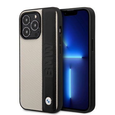 Apple iPhone 14 Pro Kılıf BMW Orjinal Lisanslı Deri Dokulu Çizgili Dizayn Kapak Krem