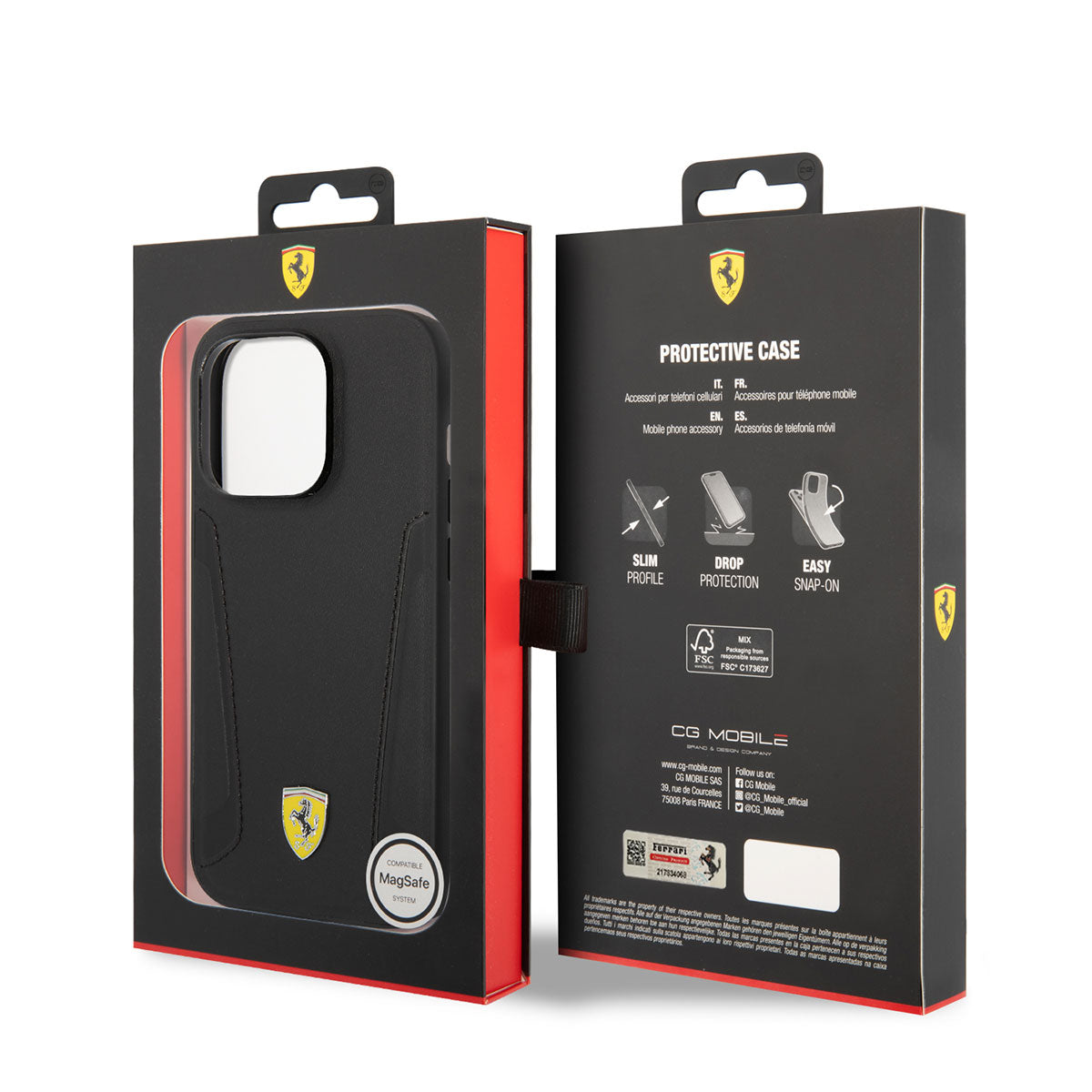 Apple iPhone 14 Pro Case Ferrari M-safe Charging Feature Leather Edges Stamped Design Cover Black