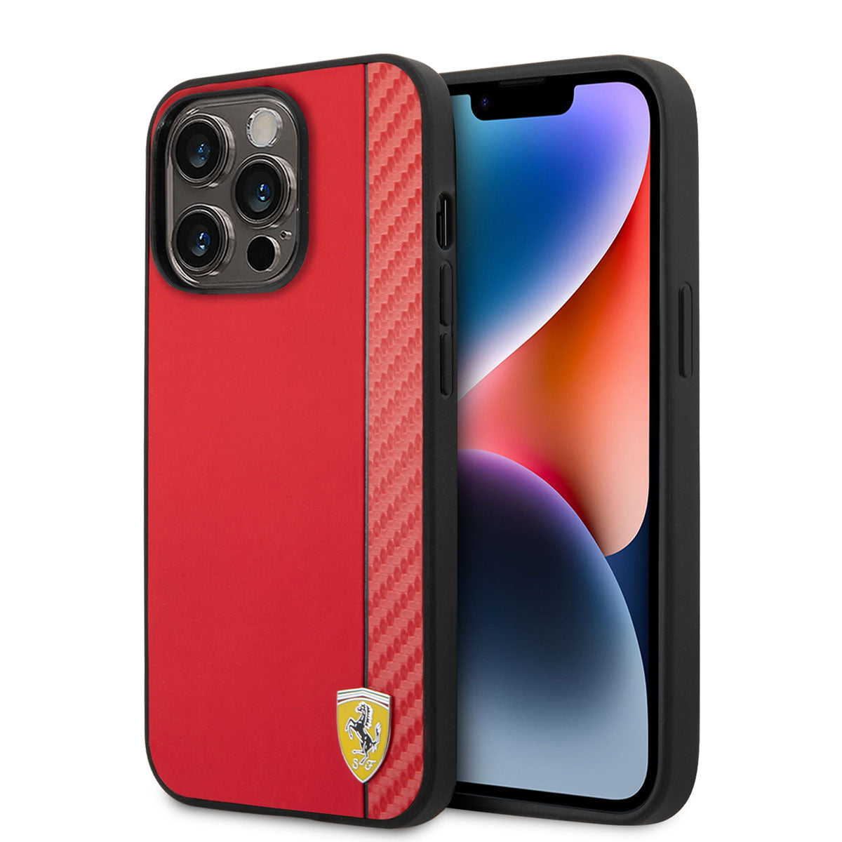 Apple iPhone 14 Pro Case Ferrari M-safe Charging Function PU Leather Carbon Stripe Design Cover Red