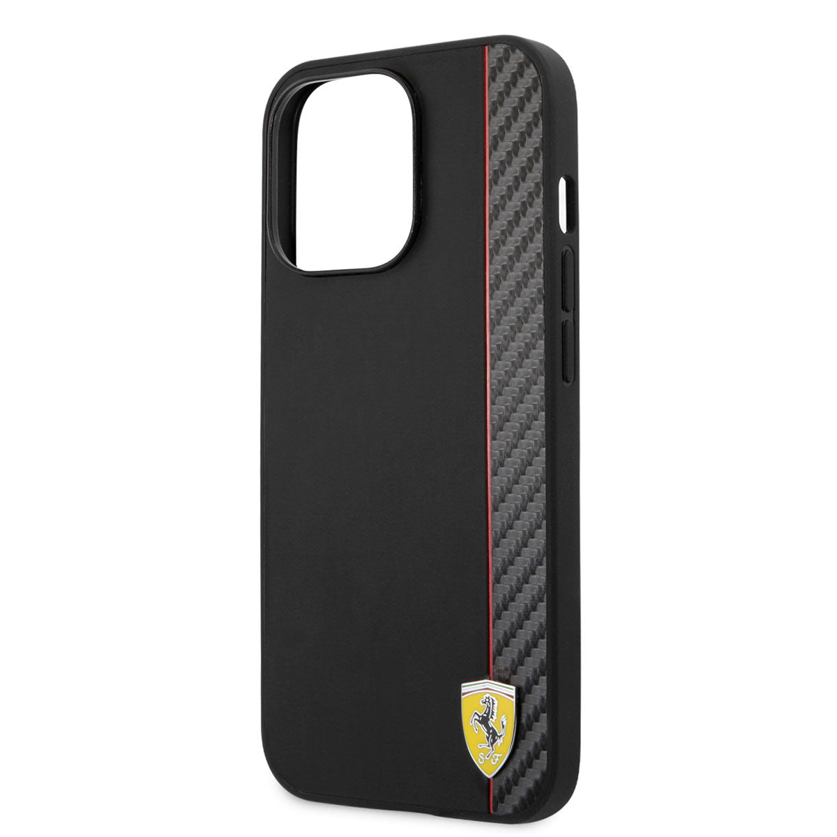 Apple iPhone 14 Pro Case Ferrari M-safe Charging Function PU Leather and Carbon Stripe Design Cover Black