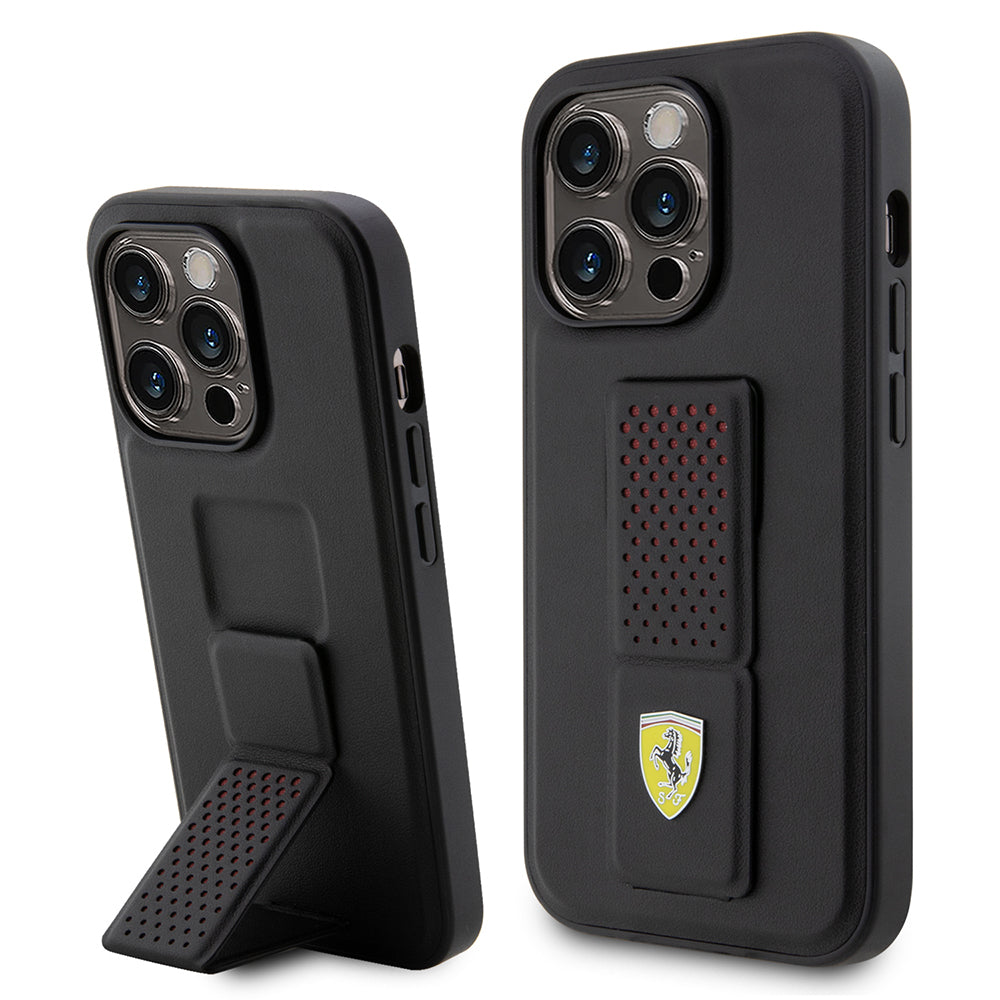 Apple iPhone 14 Pro Case Ferrari Original Licensed Classic Metal Logo Perforated Stand Leather Cover Black