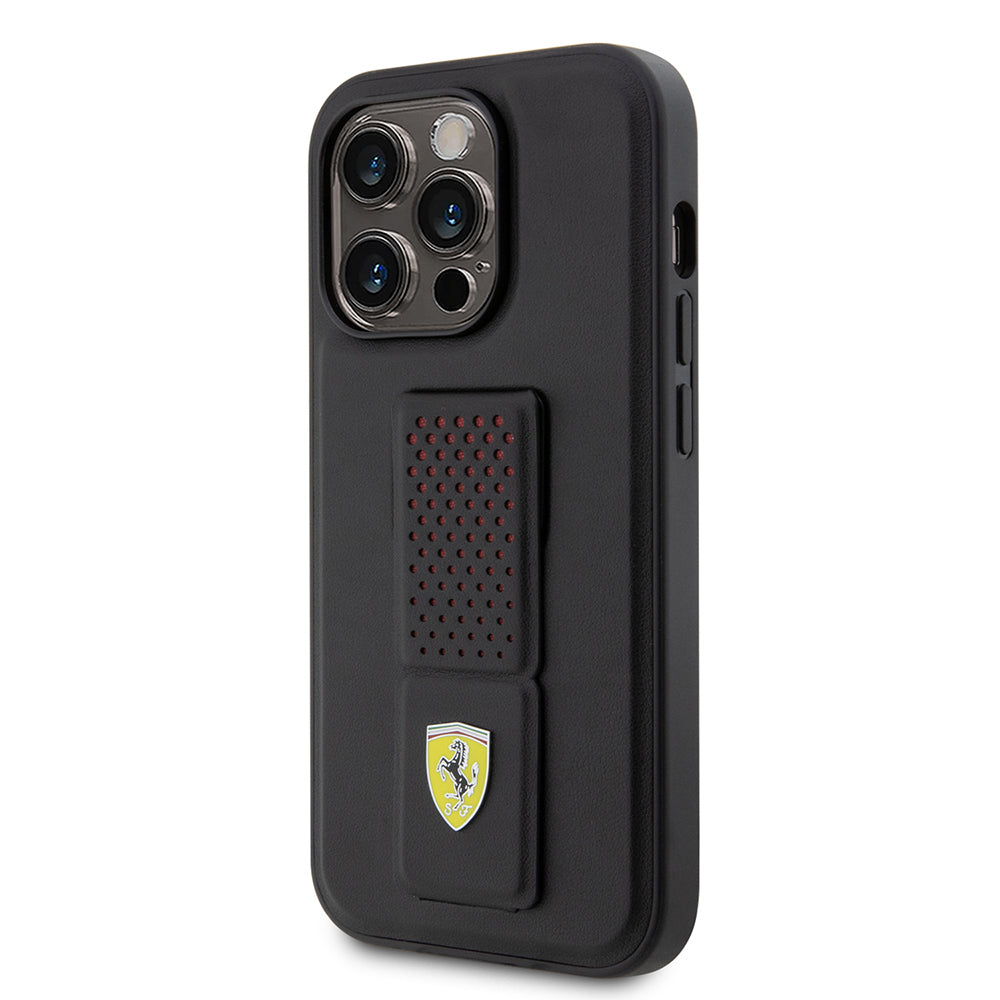 Apple iPhone 14 Pro Case Ferrari Original Licensed Classic Metal Logo Perforated Stand Leather Cover Black