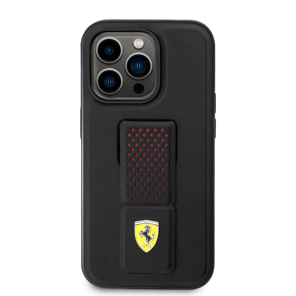 Apple iPhone 14 Pro Case Ferrari Original Licensed Classic Metal Logo Perforated Stand Leather Cover Black