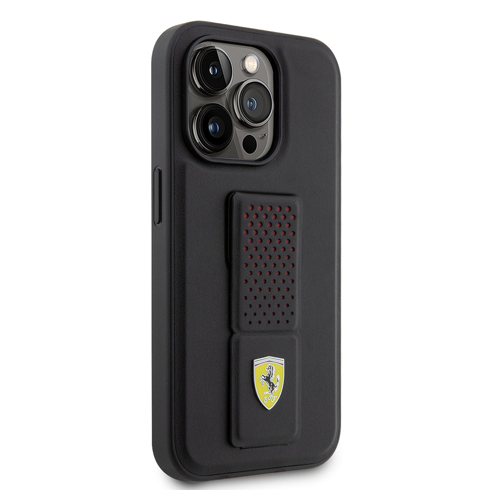 Apple iPhone 14 Pro Case Ferrari Original Licensed Classic Metal Logo Perforated Stand Leather Cover Black