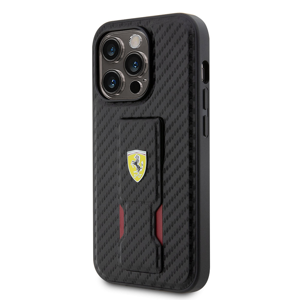 Apple iPhone 14 Pro Kılıf Ferrari Orjinal Lisanlı Klasik Metal Logolu Delikli Standlı Karbon Kapak Siyah