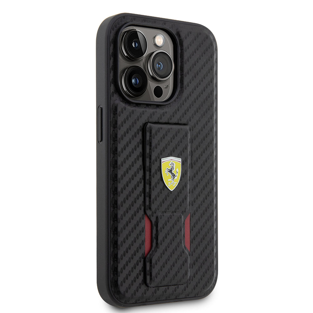 Apple iPhone 14 Pro Kılıf Ferrari Orjinal Lisanlı Klasik Metal Logolu Delikli Standlı Karbon Kapak Siyah