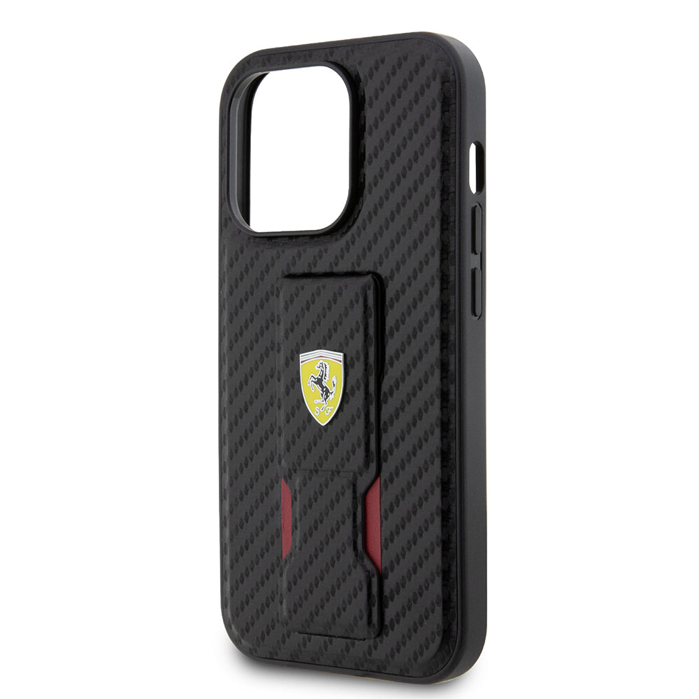 Apple iPhone 14 Pro Kılıf Ferrari Orjinal Lisanlı Klasik Metal Logolu Delikli Standlı Karbon Kapak Siyah