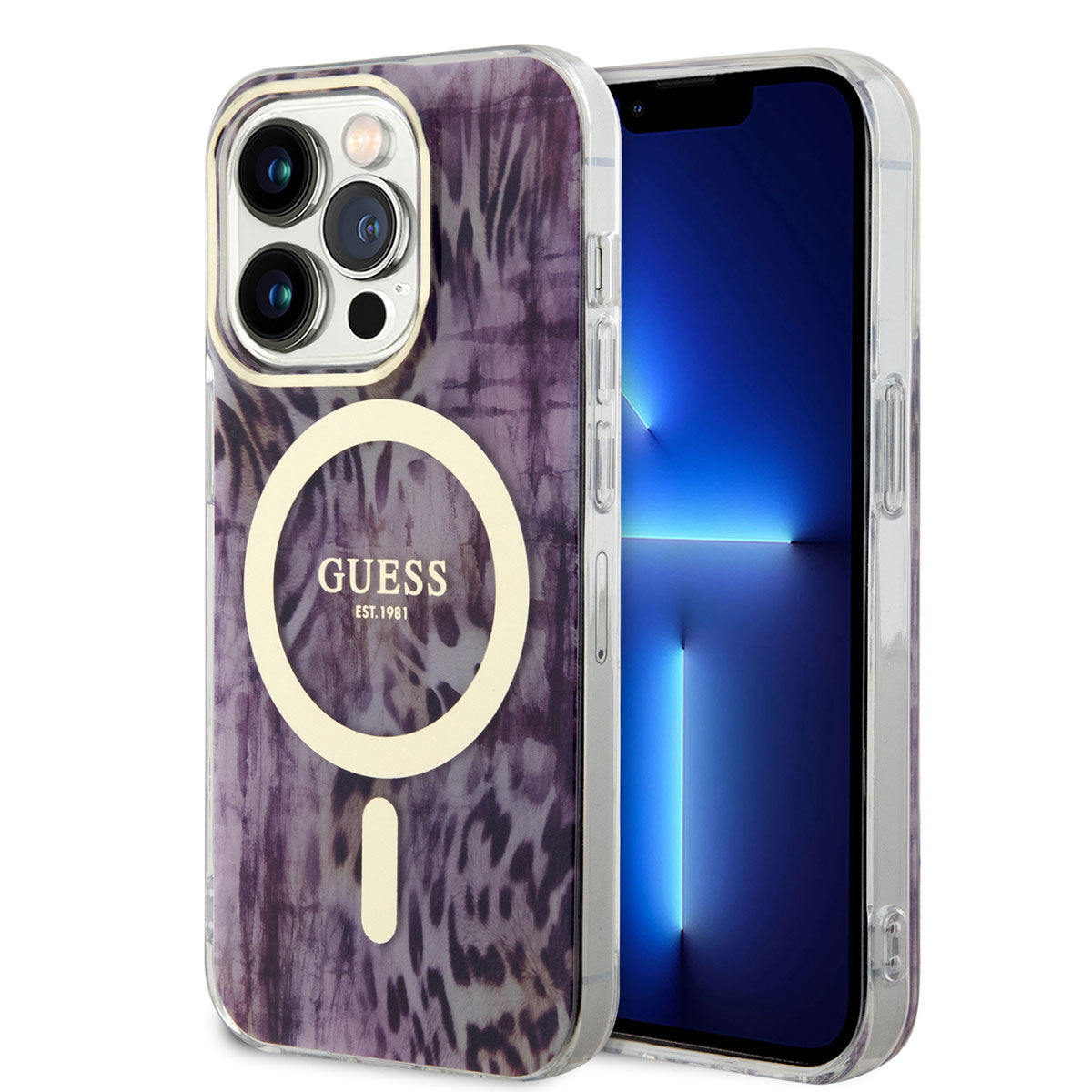 Apple iPhone 14 Pro Case GUESS M-safe Charging Feature Leopard Pattern Cover Blue