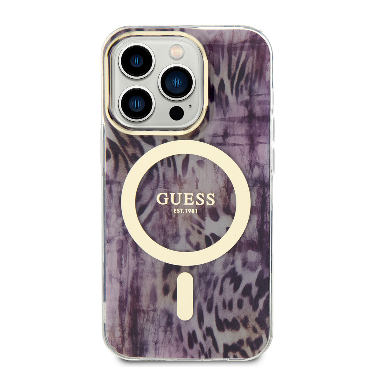 Apple iPhone 14 Pro Case GUESS M-safe Charging Feature Leopard Pattern Cover Blue