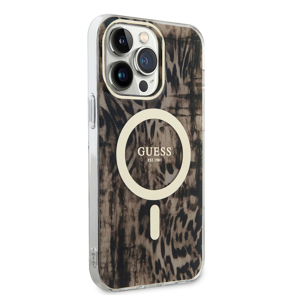 Apple iPhone 14 Pro Case GUESS M-safe Charging Feature Leopard Pattern Cover Brown