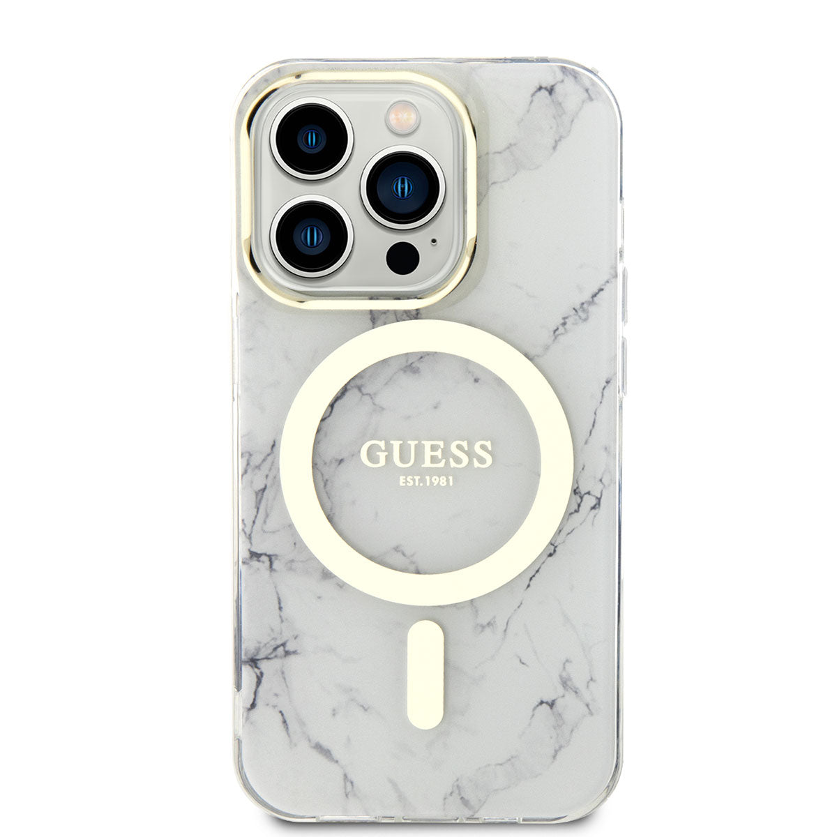 Apple iPhone 14 Pro Case GUESS M-safe Charging Feature Marble Pattern Cover White