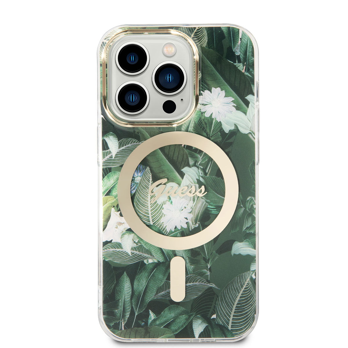 Apple iPhone 14 Pro Case GUESS M-Safe Charging Feature Leaf Pattern Cover with M-Safe Charging Cable Green
