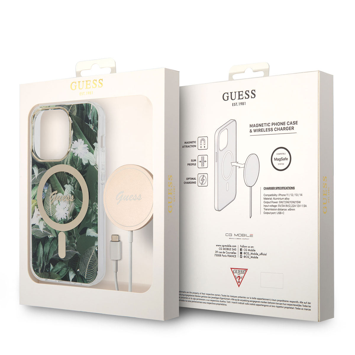 Apple iPhone 14 Pro Case GUESS M-Safe Charging Feature Leaf Pattern Cover with M-Safe Charging Cable Green
